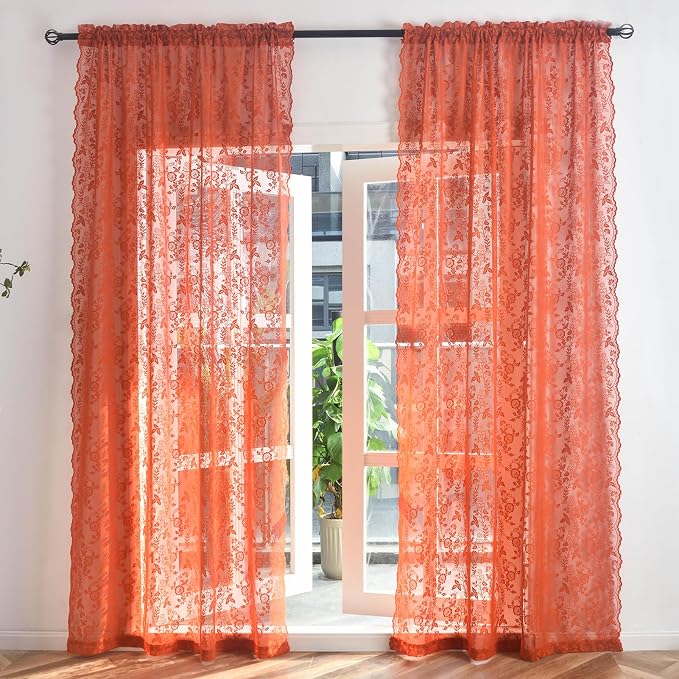 Burnt Orange Floral Lace Curtains - Image 8