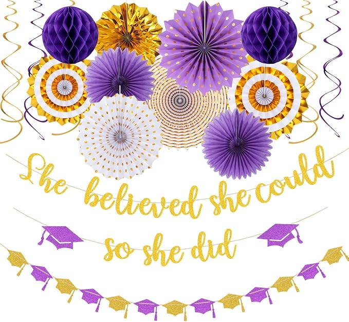 Purple-Gold White Party-Decorations Graduation Banner-Streamers by Panduola
