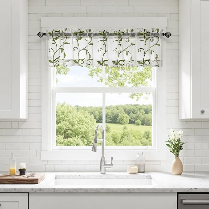 Kitchen Sheer Cafe Curtains Embroidered Leaves Green 54Wx16L | Light Filtering by VISIONTEX
