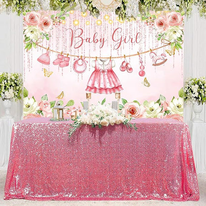InMemory Baby Girl Shower Backdrop Pink Floral Decorations Glitter Rose Gold - Image 4