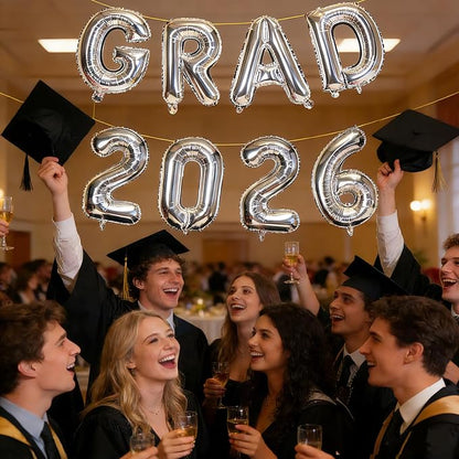 Silver GRAD 2026 Banner Balloons, 16 Inch Mylar Foil letter Graduation Balloons - Image 5