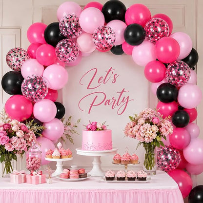 Pink and Black Balloons, 12 Inch Hot Pink Black Balloons Set - Image 2