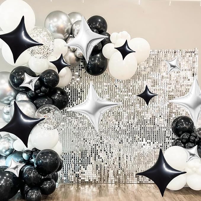 TONIFUL 30Pcs Four Pointed Star Balloon 26In&10In Black Silver Foil Balloon | - Image 3