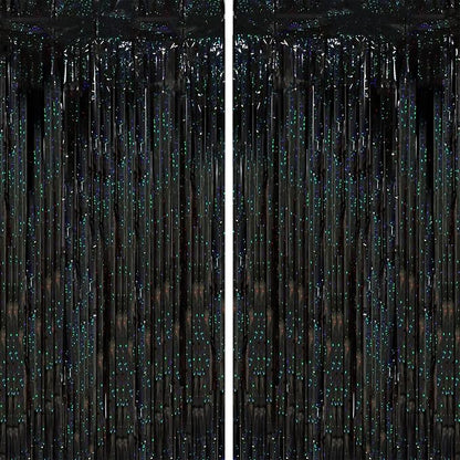 Voircoloria Laser Black Foil Fringe Backdrop Curtains, 2 Pack | Tinsel Streamers by Voircoloria