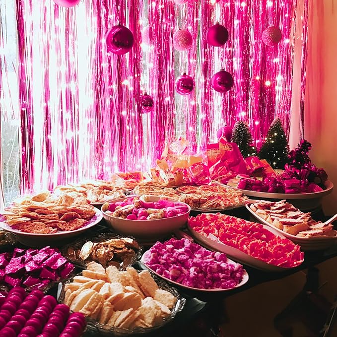 PartyWoo Hot Pink Foil Fringe Curtain 8.2FT 3pcs Red Rose Tinsel Streamers | - Image 3