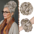FESHFEN Messy Bun Hair Piece - Large Elastic Wavy Curly Hair Bun Scrunchies Ponytail Extensions Synthetic Chignon Hairpieces for Women, Silver Blonde 1.94oz