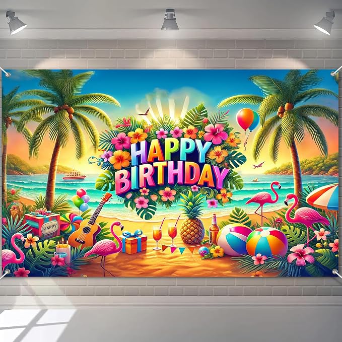 BlissYard Beach Hibiscus Polyester Birthday Banner 71x43 Inch Decor | Polyester by BlissYard