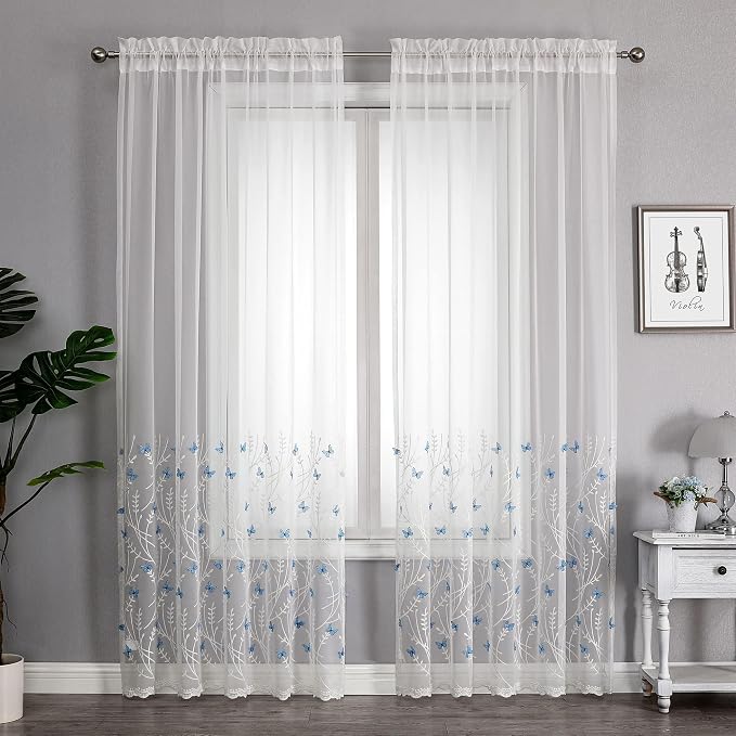 White Sheer Voile Curtains White Embossed Butterflies 72 Inches | Light - Image 2