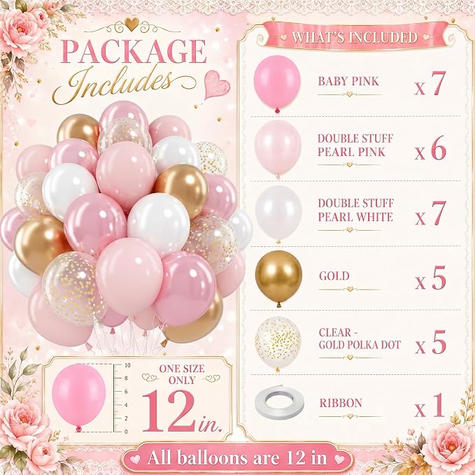 Pink White Gold Balloons, 12 Inch Double Stuffed Pearl Pale Baby Light Pink - Image 3