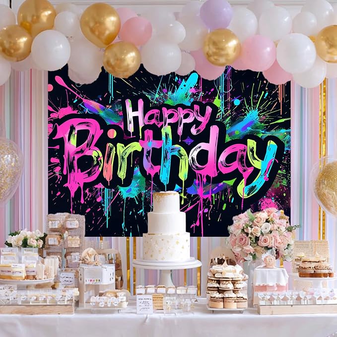 HOMETITUTE Neon Happy Birthday Banner 84x60 Inch Neon Supplies | Happy Birthday - Image 4
