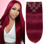 Burgundy Clip in Hair Extensions Real Human Hair Clip Ins 8pcs Per Set 110g Brazilian Clip in Hair Extensions Black Women #99j Full Head Silky Straight Human Hair Extensions (18inch)