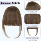 Wispy Bangs Hair Clip, 100% Human Hair Clip In Brown Bangs for Women, Soft Layered Fake Bangs with Feathered Fringe, Easy Clip-On Design for Daily Wear & Halloween