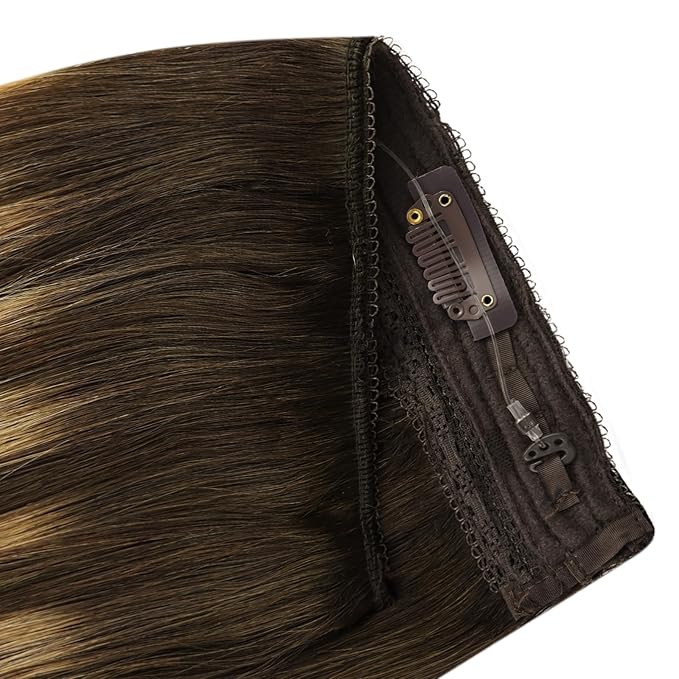 YoungSee 120G Wire Hair Extensions Brown Invisible Wire Human Hair Extensions Dark Brown Fading To Caramel Blonde Balayage Straight One Piece Hair Extension 16Inch