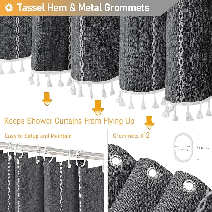 72x96 Extra Long Boho Linen Heavy Duty Shower Curtain, Charcoal Grey | Extra - Image 5
