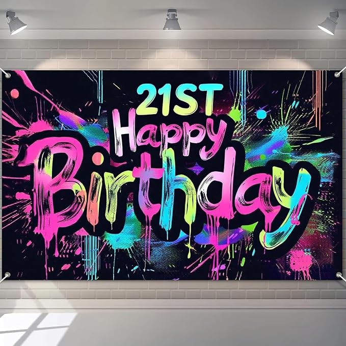 HOMETITUTE Neon 21st Happy Birthday Banner 71x43 Inch Paint Splatter Glow in by HOMETITUTE