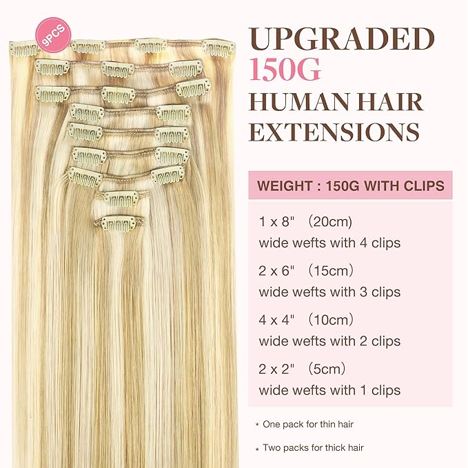 GOO GOO Clip in Hair Extensions Real Human Hair, Remy Human Hair Extensions Clip ins for Women, Natural Human Hair, 18inch 150g 9Pcs, 18D/22F Dirty Blonde Highlights