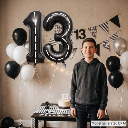 Black and White Stripes Number 13 Balloon 40 Inch, Track Road Digit Decor | - Image 2
