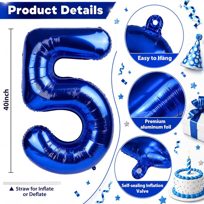 Navy Blue Balloon Number 5, 40 Inch Large Self Inflating Foil Mylar Number - Image 2