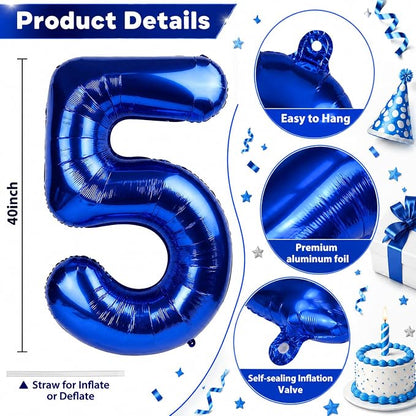Navy Blue Balloon Number 5, 40 Inch Large Self Inflating Foil Mylar Number - Image 2