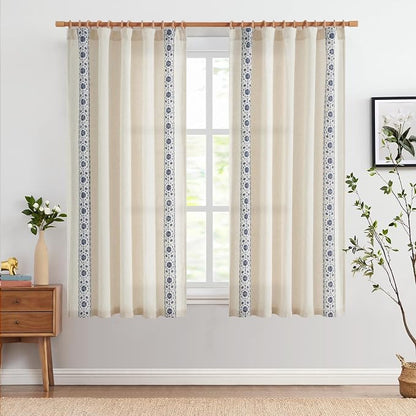 jinchan Floral Linen Curtains Embroidered Back Tab 50x63in 2 Panels Blue | - Image 3