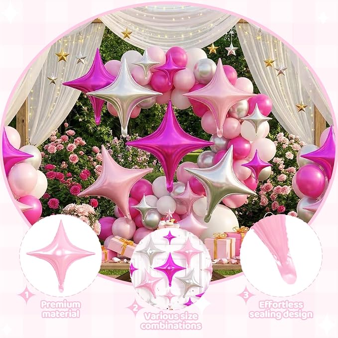 Pink Silver Star Balloons, 26 Inch and 10 Inch Pink Stars Shaped Balloon - Image 3