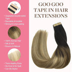GOO GOO Tape in Hair Extensions Human Hair, 2/6/18 Balayage Brown to Dirty Blonde, 12inch 80g 40pcs, Skin Weft Seamless Invisible, Silky Straight with Thick Ends, Remy Human Hair