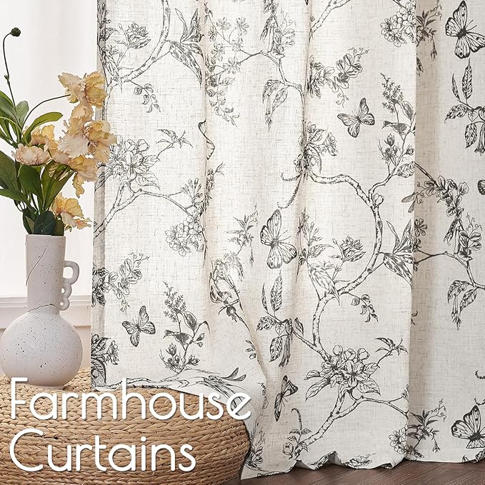 Black Floral Linen Curtains Farmhouse Rod Pocket 50W X 63L 2 Panels | Charlotte - Image 3