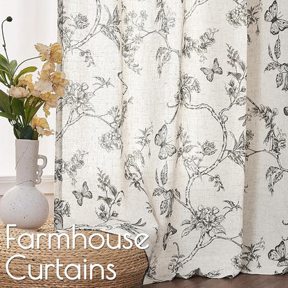 Black Floral Linen Curtains Farmhouse Rod Pocket 50W X 96L 2 Panels | Charlotte - Image 3