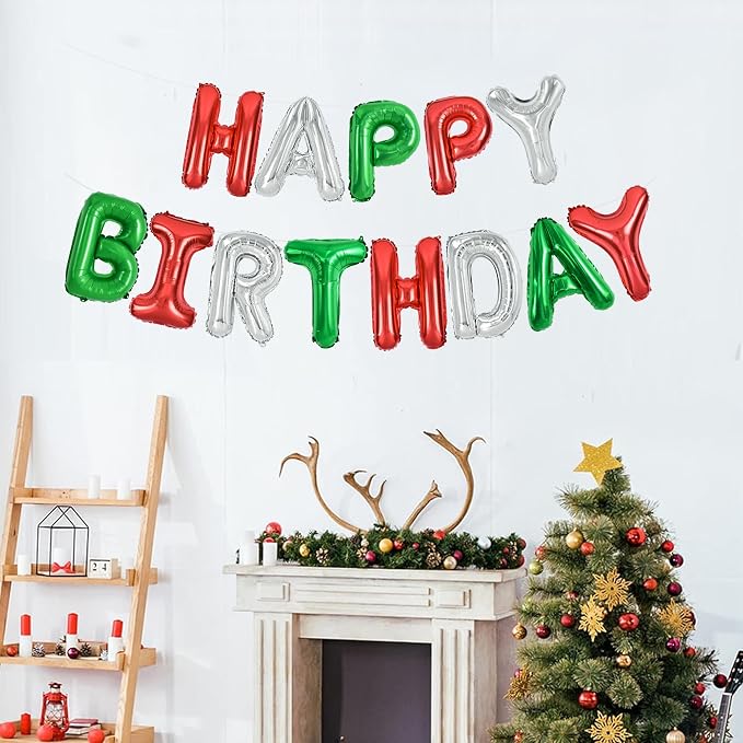 TONIFUL Red Green Silver Happy Birthday Balloons Banner, 16 Inch Mylar Foil - Image 3