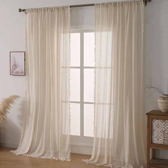 WAZZIO Boho Lace Curtains 108 Inch 2 Panel, Light Filtering Privacy Tassel & - Image 2