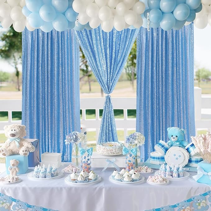 Baby Blue Sequin Backdrop Curtains, 2 Panels 4FTx8FT Blue Curtain Backdrop - Image 3