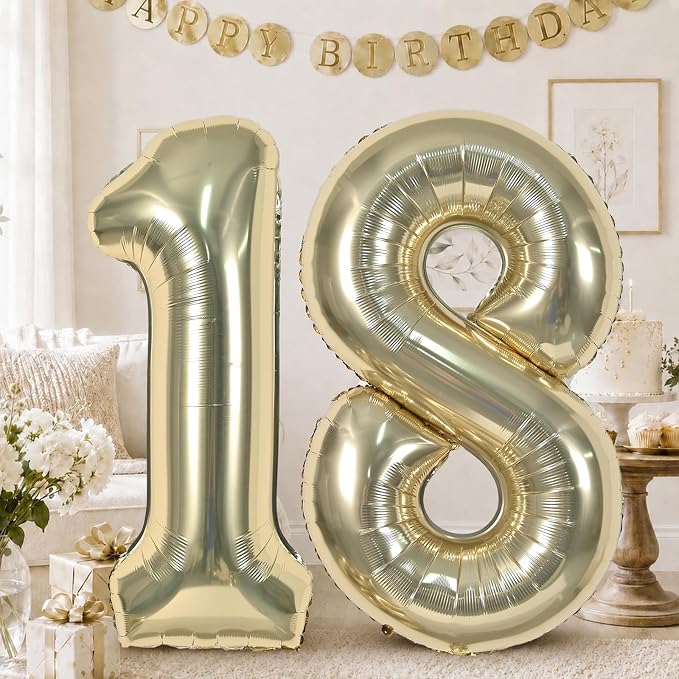 Champagne Gold 18th Birthday Balloons Number 18, 40 Inch Large Foil 1 & 8 by KAINSY