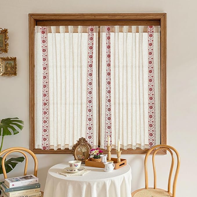 jinchan Red Floral Embroidered Short Linen Curtains 54×54 Inches 2 Panels | - Image 3