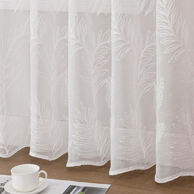 White Sheer Curtains Embroidered Leaf 2 Panels 54 Inches Long | Light Filtering - Image 4