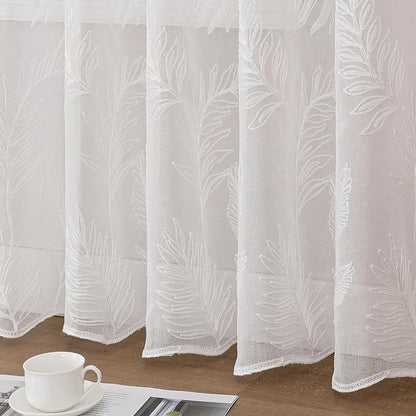 White Sheer Curtains Embroidered Leaf 2 Panels 54 Inches Long | Light Filtering - Image 4