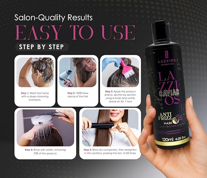 Lazzios Caviar Organic Hair Protein 120 ml (4 oz) – Brazilian Professional Straightening & Smoothing Treatment – Safe Formula with No Toxic Acids, Hyaluronic Acid, Keratin, Caviar & Argan Oil