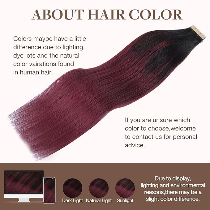 GOO GOO Tape in Hair Extensions Human Hair, 1/99 Balayage Jet Black to Red, 18inch 50g 20pcs, Skin Weft Seamless Invisible, Silky Straight with Thick Ends, Remy Human Hair