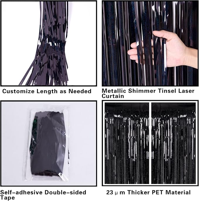 2 Pack 3.2ft x 8.2ft Black Tinsel Foil Fringe Curtain, Sparkle Metallic Foil - Image 4