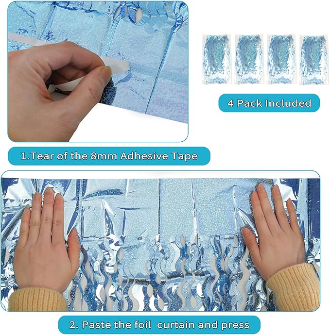 4 Pack Wavy Blue Tinsel Backdrop Streamers Party Decorations 3.3x6.6 Feet | - Image 4