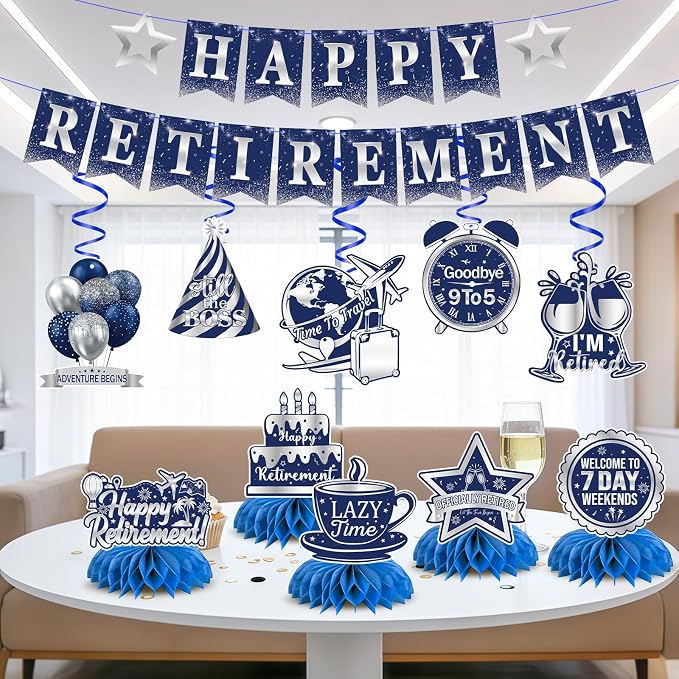 Retirement Party Decorations Set Blue and Silver, Happy Retirement Banner - Image 2