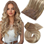 Moresoo Clip in Hair Extensions Real Human Hair Brown to Blonde Hair Extensions Clip ins Light Brown to Meidum Blonde Balayage Soft And Straight 120g/7pcs 16 inch