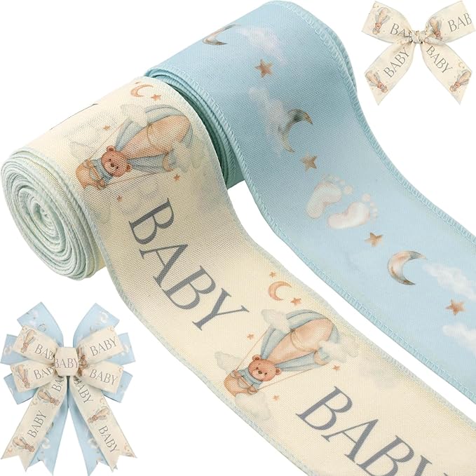 YKW 2.5 Inch Baby Blue Ribbon Wired Edge Teddy Bear Hot Air Balloon Ribbon by YKW