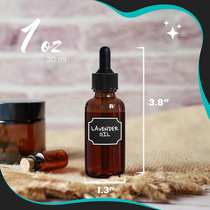 Nevlers Glass Dropper Bottle 1 Oz 100 Pack | 1oz Amber Glass Dropper Bottles with Funnels, Brushes, Labels, Markers & Shrink Wrap | Tincture Bottles with Droppers for Oils, Serums, Medicine & More