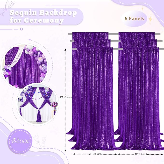 Purple Sequin Curtains Backdrop 6 Pcs 2FTx8FT Shiny Shimmer Fabric | Glitter - Image 3