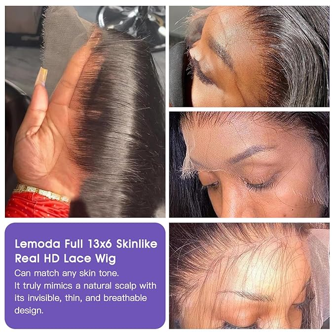 Lemoda Full 13x6 SKINLIKE Real HD Lace Frontal Wigs 210% Density 24Inch 15A Straight 13x6 Full Lace Frontal Virgin Human Hair Wigs Invisible 0.1mm Ultra-thin Knots Frayed Ends Lace Wig Pre plucked