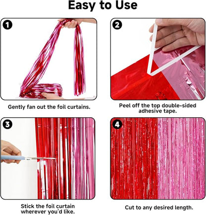 jijAcraft Red Pink Tinsel Foil Fringe Curtain, 2 Pack 3.2x6.5 Feet Pink Red - Image 3