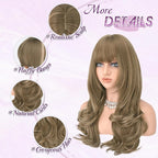 Haloo Brown Blonde Wigs with Bangs Long Wavy Layered Haircut Natural Looking Fluffy Synthetic Heat Resistant Hair Wig for Women Daily Party, 24 Inch Brown Mixed Blonde