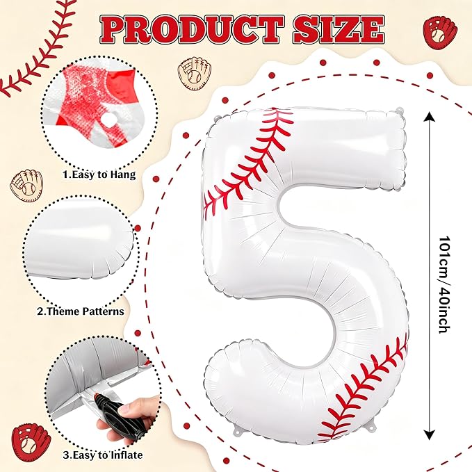 Jenaai Baseball Number 5 Balloons 40 Inch Baseball Theme Birthday Party - Image 2