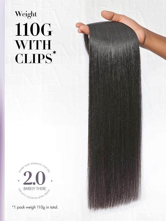 LUVME Invisible Clip in Hair Extensions, Yaki Straight Real Human Hair Remy Hair Clip ins for Women, Natural Human Hair, 24 inch 110g 6Pcs, Natural Black