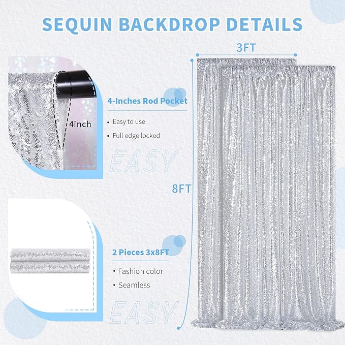 Sequin Backdrop Curtains 6ft x 8ft Silver Background Wedding Decoration | 2 - Image 5